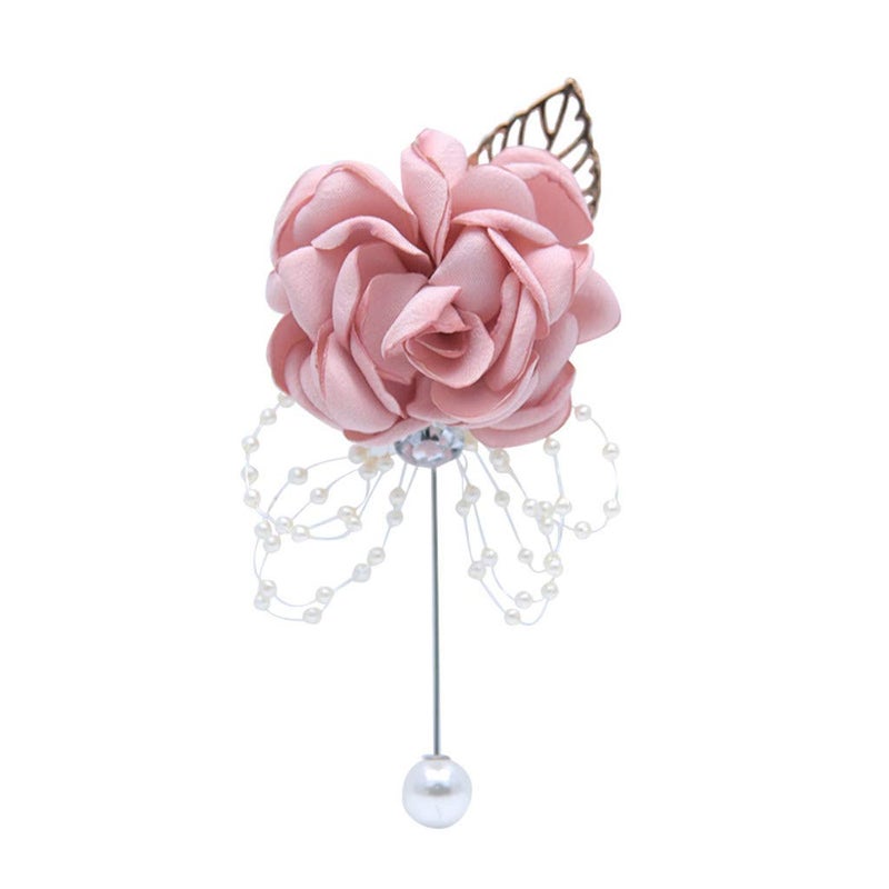 Flonding Rose Wedding Wrist Corsage and Boutonniere Set Party Prom Hand Ribbon Flower Suit Decor (Champagne Pink) - Image 2